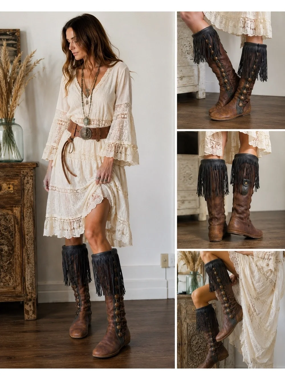 Vintage Handmade Leather Fringe Renaissance Boots Boho Festival Knee High